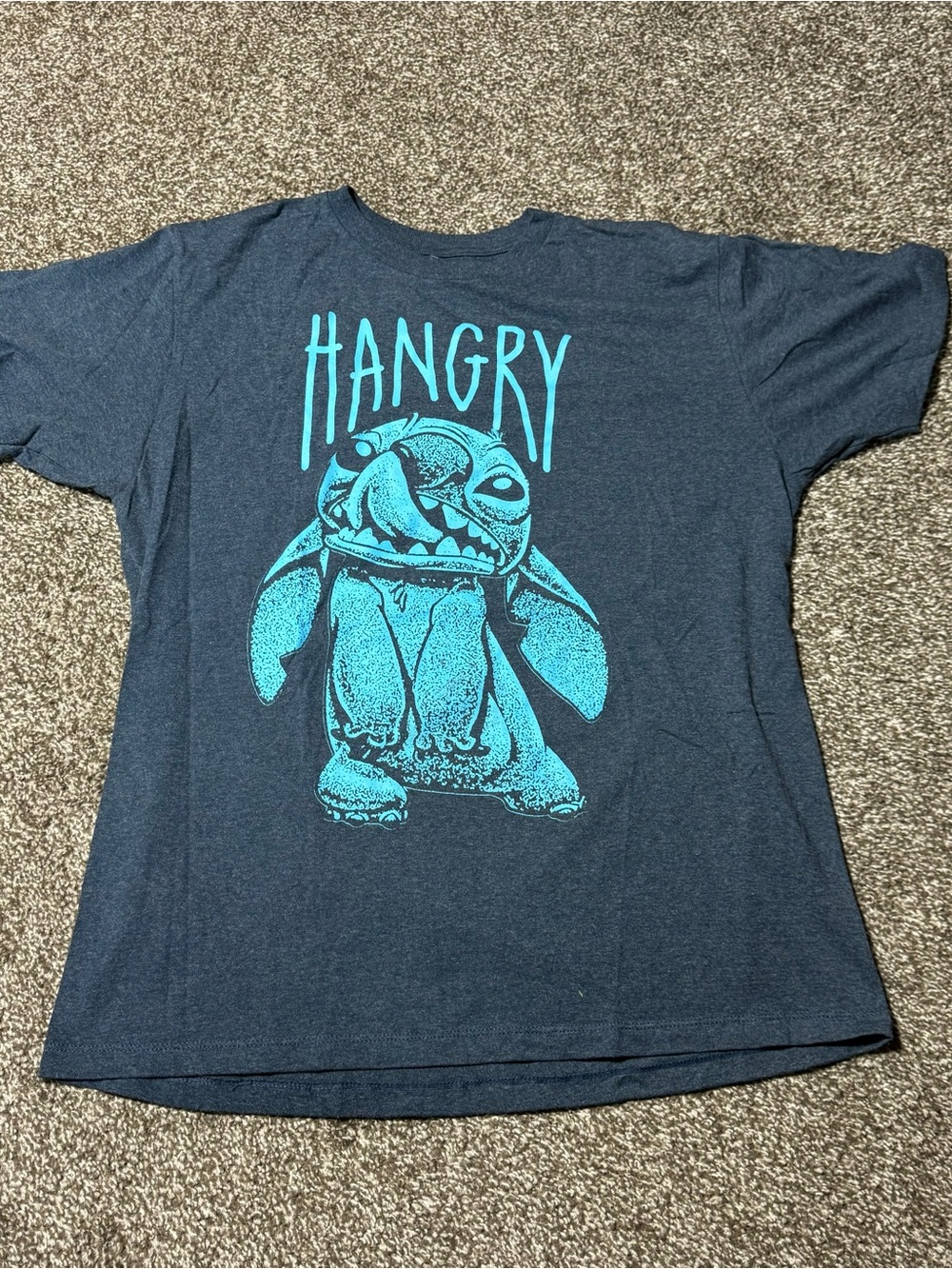 Disney Dark Blue Tee with Bright Teal Stitch 'Hangry' Graphic